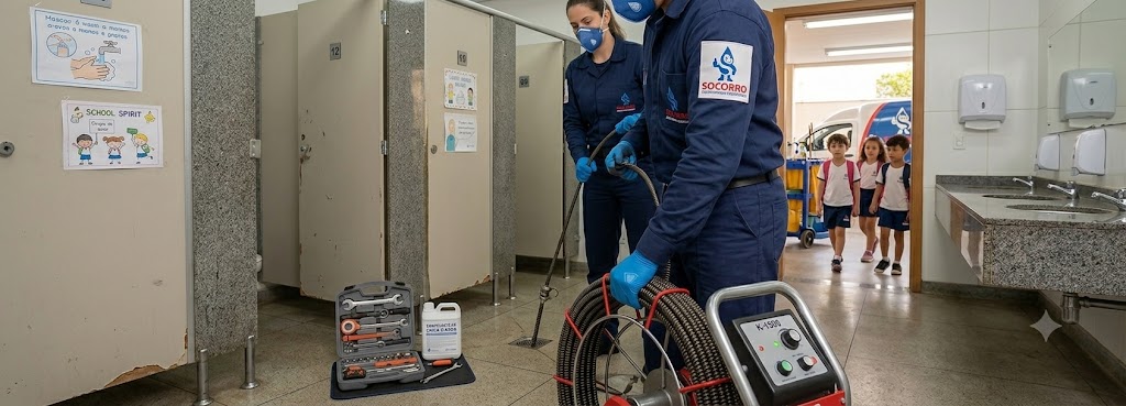 Profissional realizando Desentupimento e Manutenção Preventiva para Escolas, Colégios e Creches em Indaial